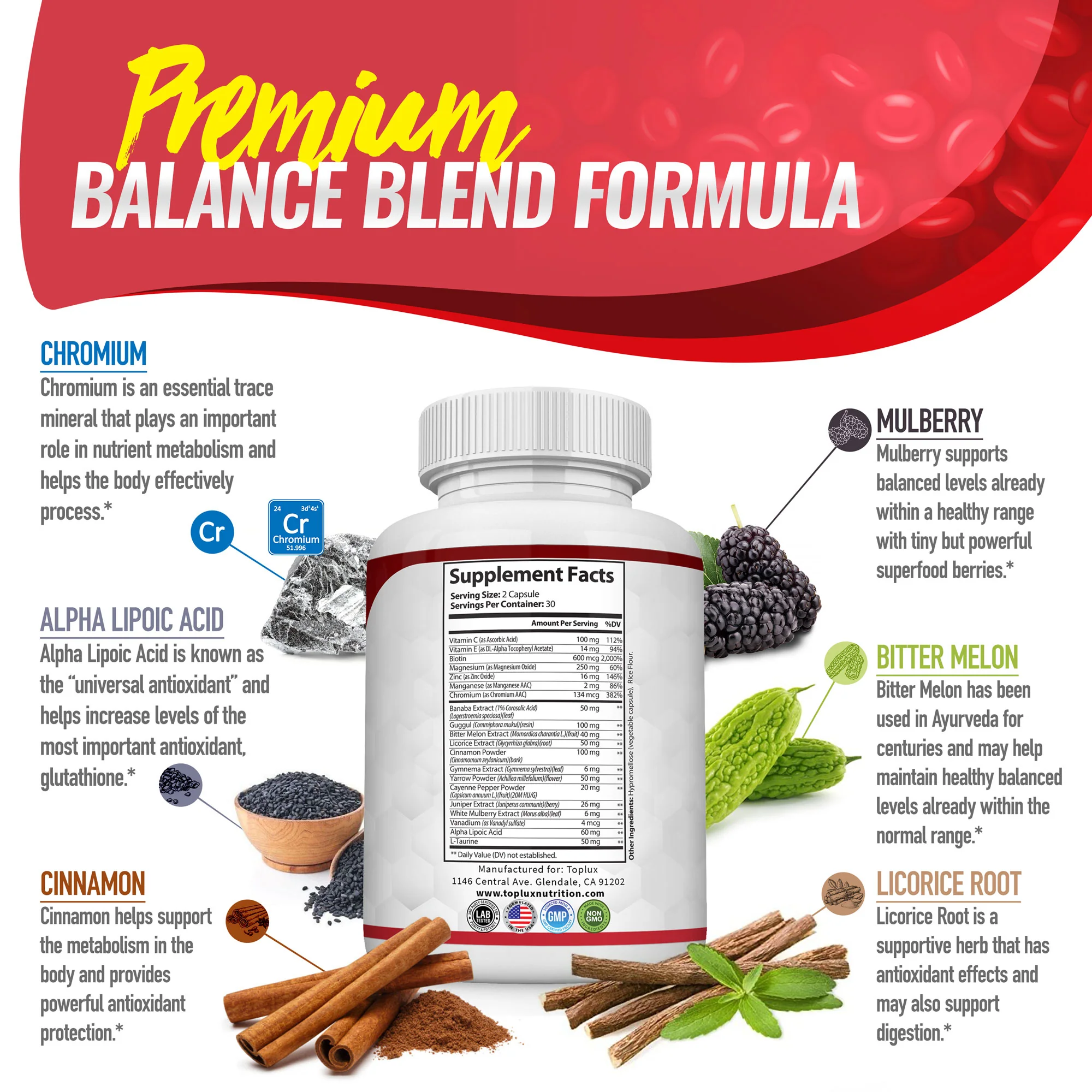 Fórmula Blood Sugar Complex con canela, cromo y mora